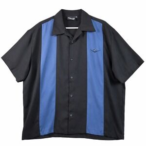 Steady Black Blue Panel Button-Up Shirt Men's XXL Retro Bowling Short Sleeve